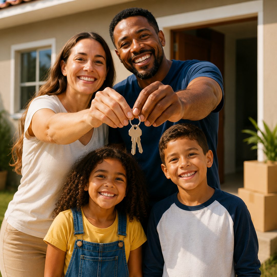 Família feliz segurando a chave da casa nova, conquista realizada com o CAIXA Consórcio