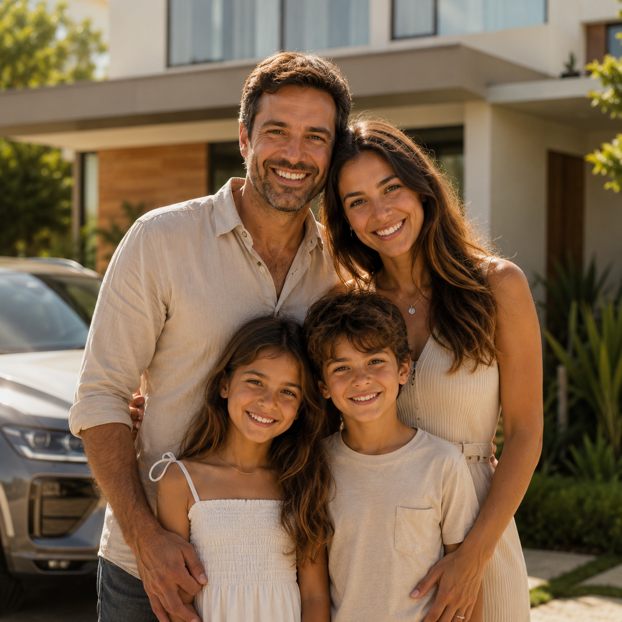 Família feliz segurando a chave da casa nova, conquista com o CAIXA Consórcio
